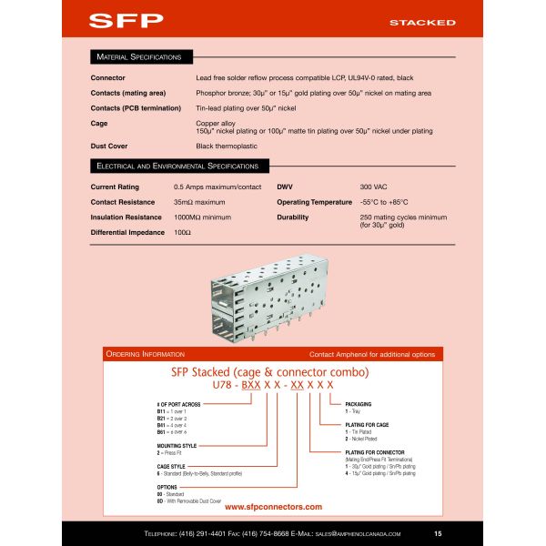20 Position SFP Connector and Cage Combo Amphenol U77-A1118-2001 Supporting Up to 8 Gbps Data Transfer