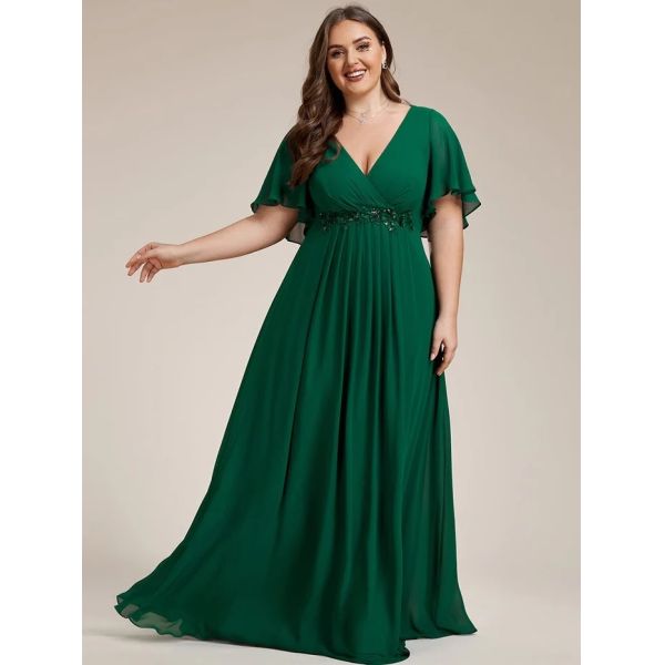 Empire Plus Size Applique Short Sleeve A-line V-neck Flutter Sleeves Invisible Zipper Black Chiffon Evening Dress
