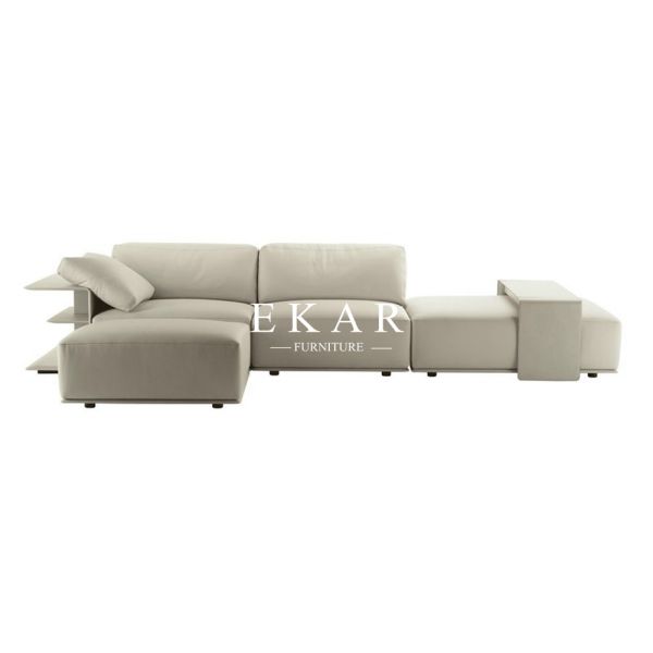 European Modern Style World Class Living Room Furniture Off-white and Brown Fabric and Leather Sectional Sofa Sets