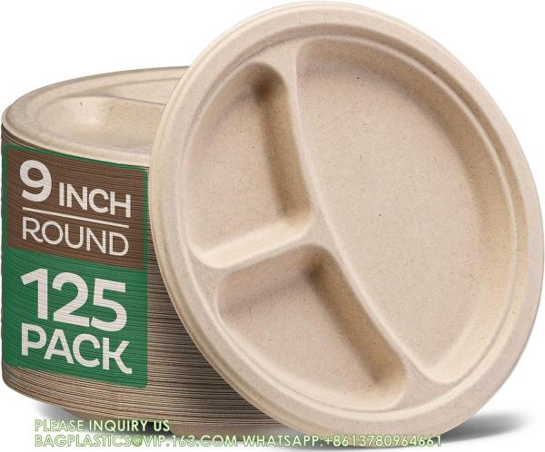 Compostable Disposable Paper Plates 10 Inch Heavy Duty, Eco-Friendly 9 Natural Disposable Paper Plates 3 Compartment