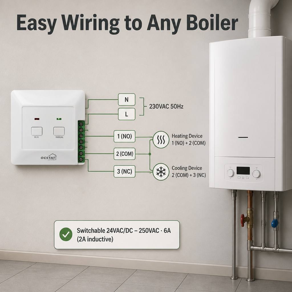 HEAT Mode Wireless Room Boier 7 day Thermostat Compatible Boilers Featuring Receiver 230VAC 50HZ Ensuring Accurate Wireless Heating Control
