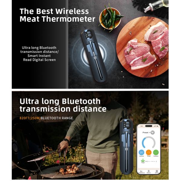 820FT Smart Wireless Meat Thermometer for Kitchen Cooking Outdoor Grilling Digital BBQ Thermometer Controlled by Phone APP
