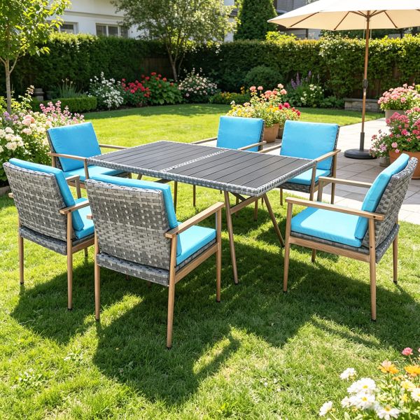 Outdoor Furniture for Restaurant Dining Home Steel Frame Feet Heat Transfer Printing Wood Grain Table and Chairs