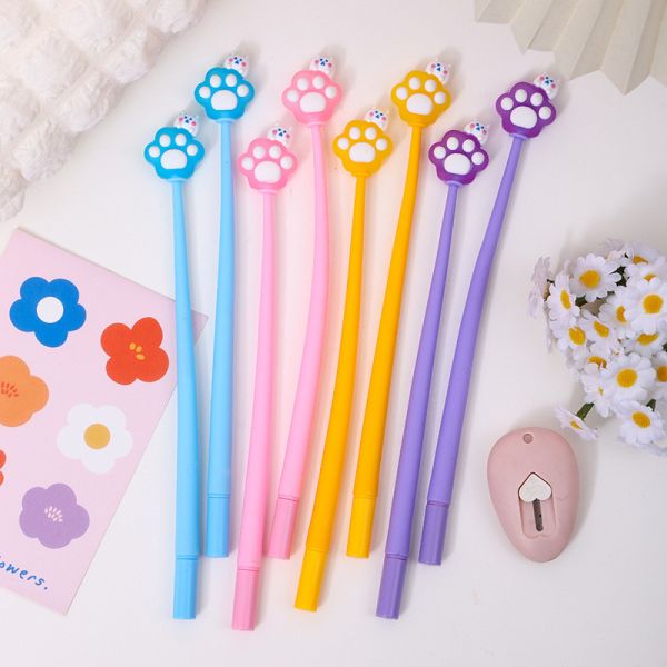 6 Pcs Cute Cartoon Gel Ink Pens, Shake Gel Pens For Kids And Girl,Kawaii Writing Pens Set For School Party Office Home,Student Gifts(0.5mm,Cat Paw Design,Blacak), Yellow&Pink