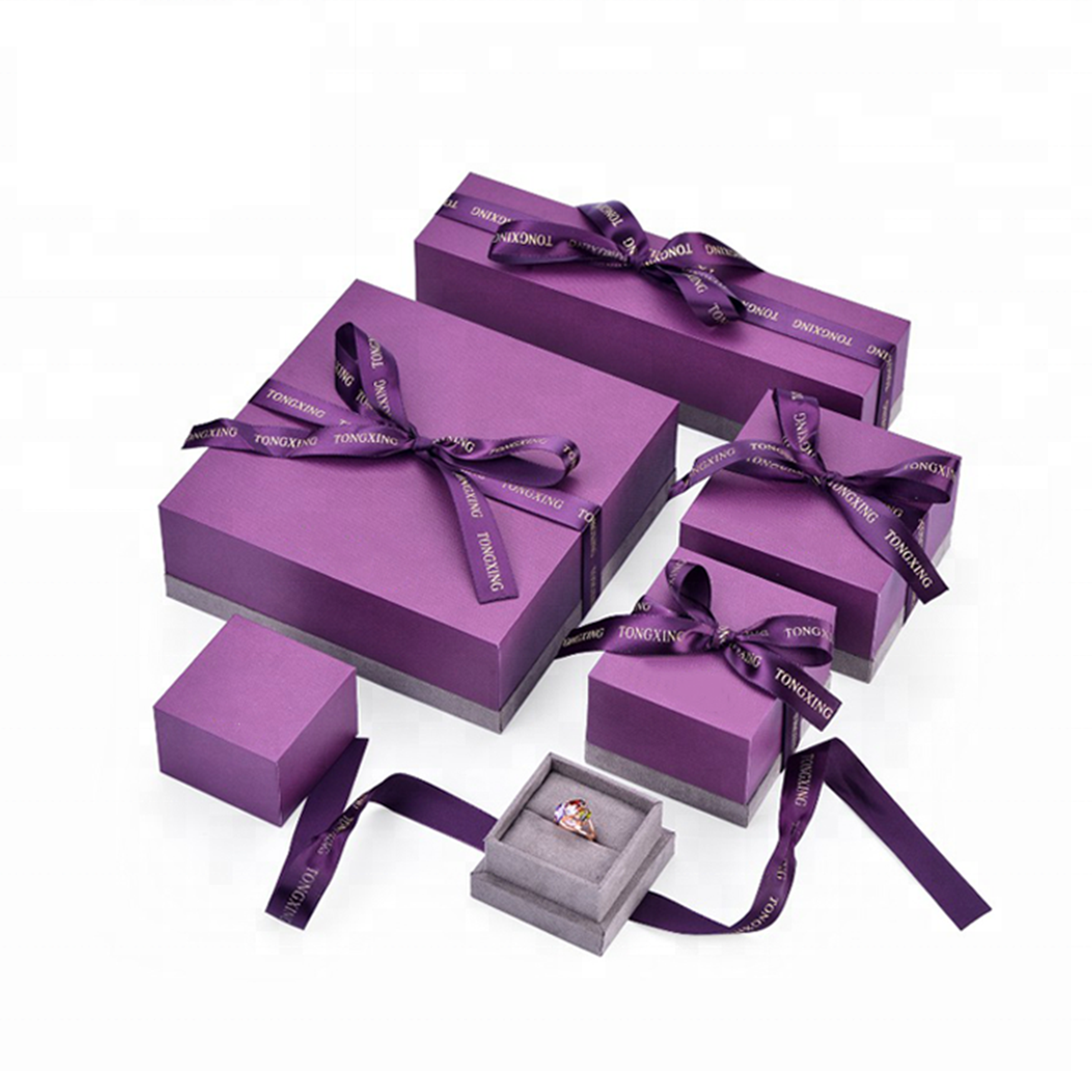 Purple Velvet Cardboard Jewelry Box With Necklace Hanger Window Paper Lid Luxury