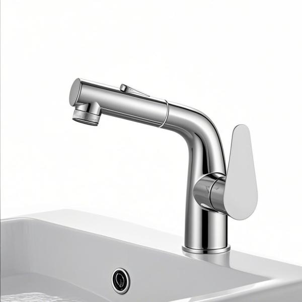 Stainless Steel Single Handle Basin Faucet Pull Out Taps Polished