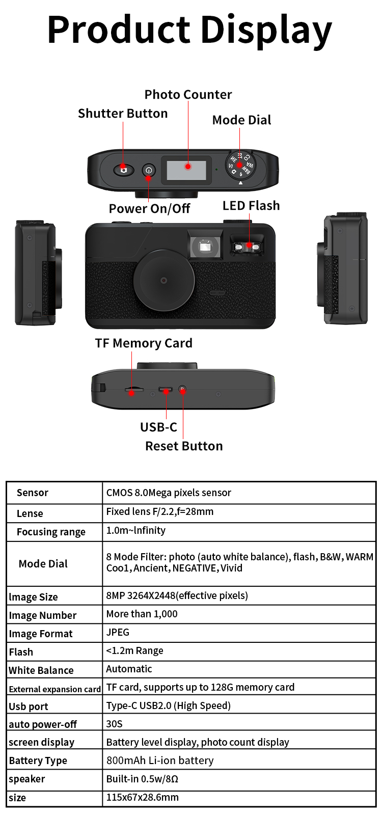 Retro Screenless Digital Camera Screen-free 8 Mode Filters Without Screen 8MP Photo with Photo Counter LED Flash Camping Camera