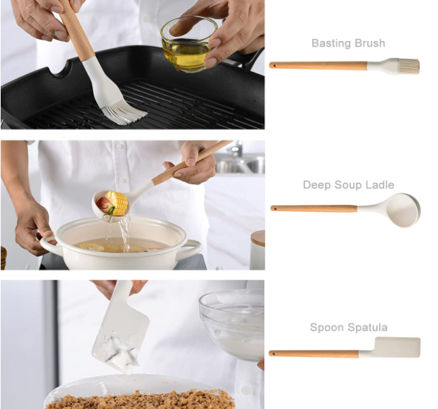 11 Pieces heat resistant  Silicone Kitchen Utensil Sets With Holder,Wooden Handle
