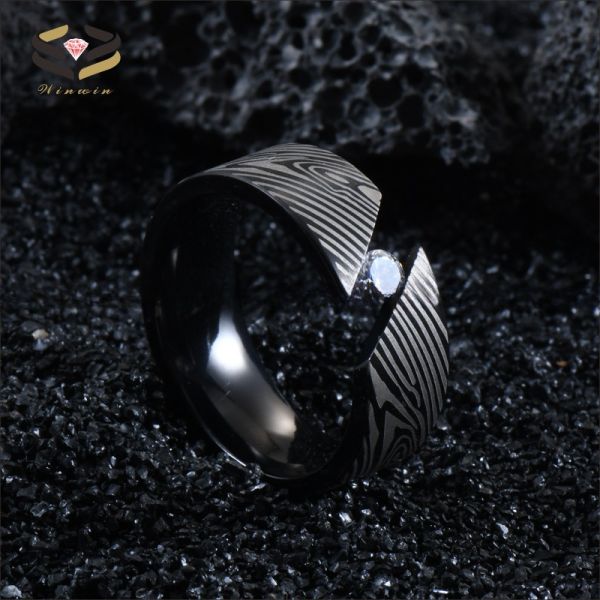 Men'S Titanium Rings Laser Damascus Steel Wood Grain Cubic Zirconia Inlayed