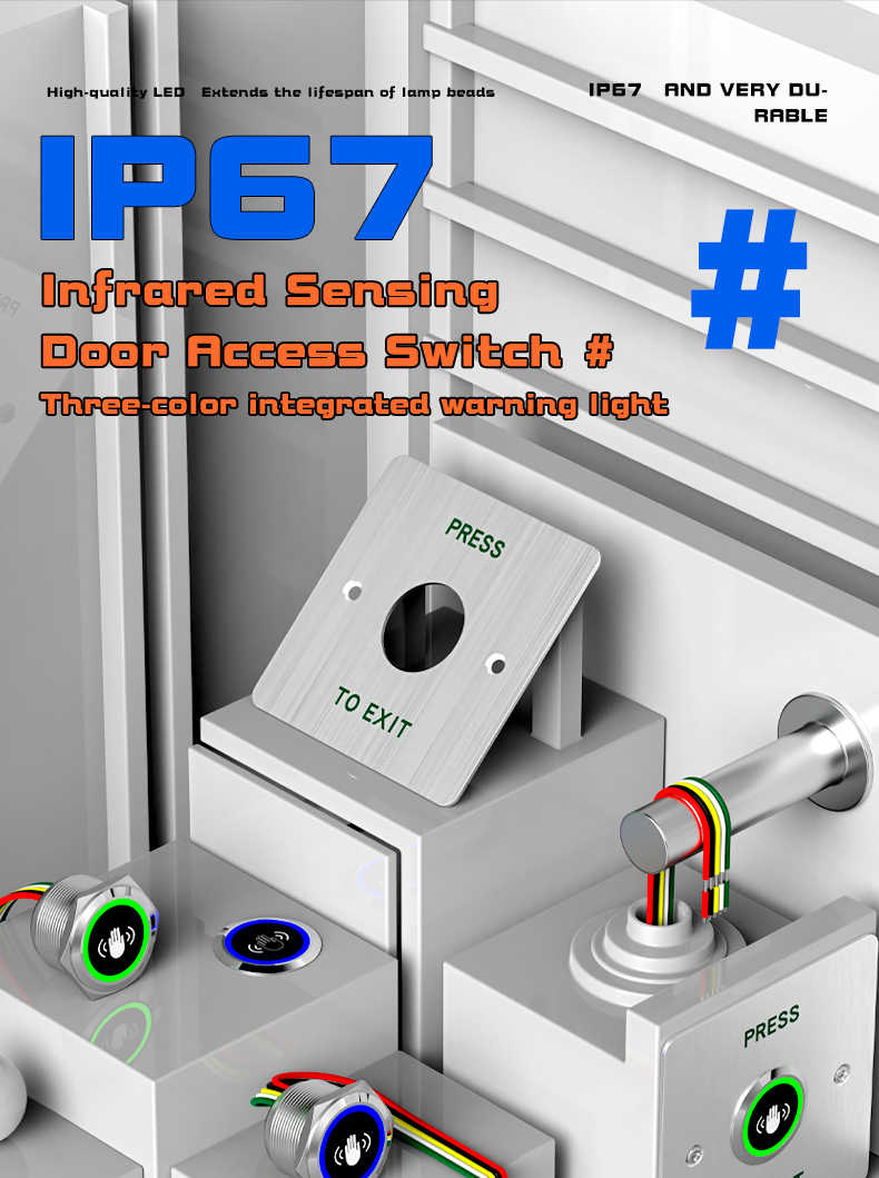 Infrared sensor exit button switch, 86-type outdoor waterproof stainless steel access control switch panel, touch-free