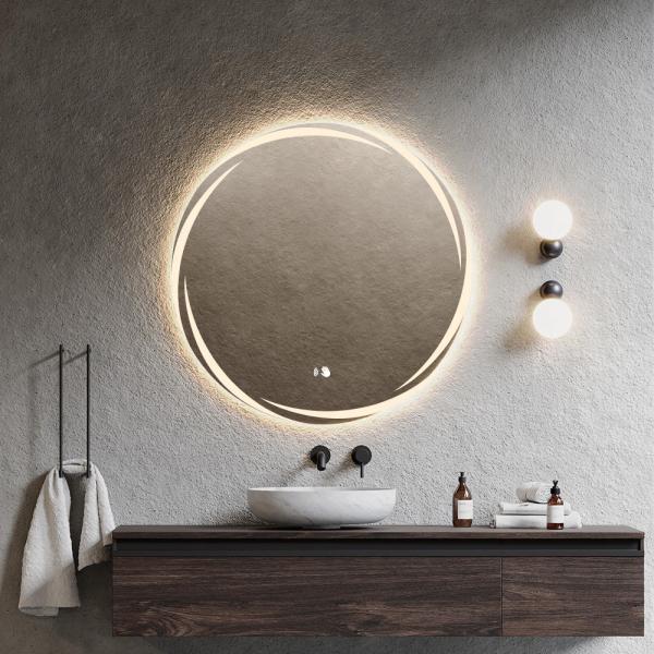 Modern Round Bathroom Mirror Anti Fog Waterproof Wall Mounted Lighted Makeup Mirror