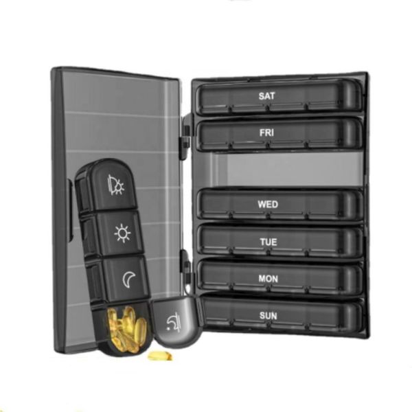 JH Medibox Portable 7 Day 28 Compartments Black PP Plastic Weekly Pill Organizer Large Capacity Travel Container