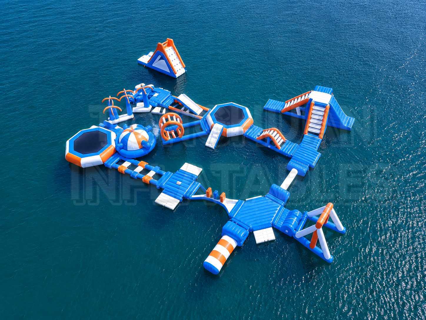 Large Inflatable Ocean Adventure Park with Modular Slides Trampolines Climbing Elements and Activity Zones for Beaches Hotels and Water Recreation Businesses