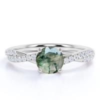 Druzy natural redondo Moss Green Agate And Moissanite pavimenta el anillo de compromiso torcido del infinito