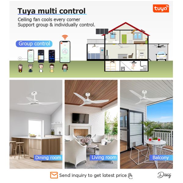 Ventilador de teto de controle remoto inteligente de 52 polegadas lâminas de plástico branco para casa moderna inteligente