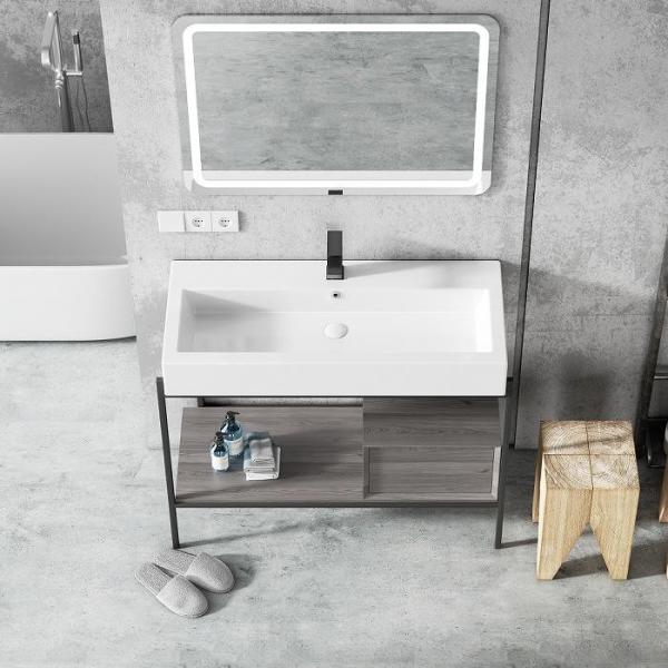 Floor Mounted Hotel Bathroom Cabinet European Ceramic Sink Vanity Unit With Mirror