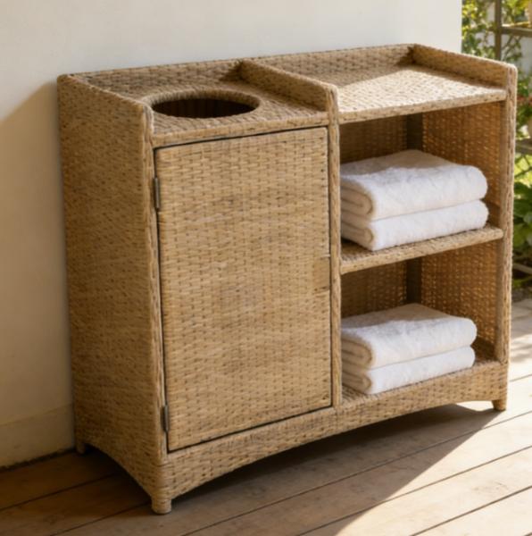 All in One Handwoven Rattan Towel Storage Solution with Towel Bin for Hotel Pool Resort