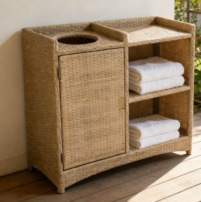 All in One Handwoven Rattan Towel Storage Solution with Towel Bin for Hotel Pool Resort