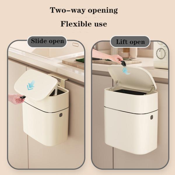 Kitchen Hanging Trash Can Household Cream White Traceless Adhesive Cabinet Trash Basket With Lid Household Wall Hanging