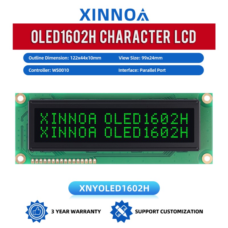 OLED1602H Black Film, 16×2 Character LCD Module,WS0010 Controller, Parallel Port Interface, 99x24mm View Size,Working Temperature -40+80 Display