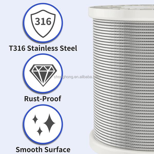Cable d'aéronef en acier inoxydable T316 7x7 câbles en acier pour système de garde-corps de pont 7 * 7 1/8 Diamètre de câble en fil de fer 1/4 pouce