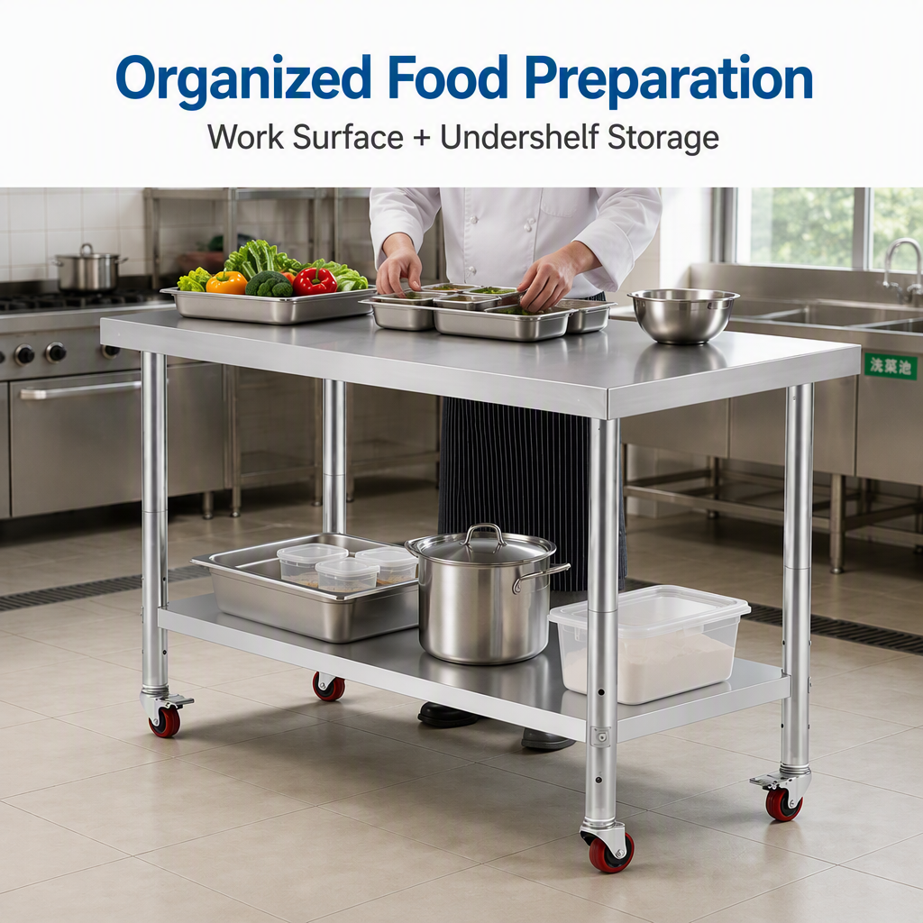 Mobile Stainless Steel Work Table with Adjustable Height and Casters for Commercial Kitchens