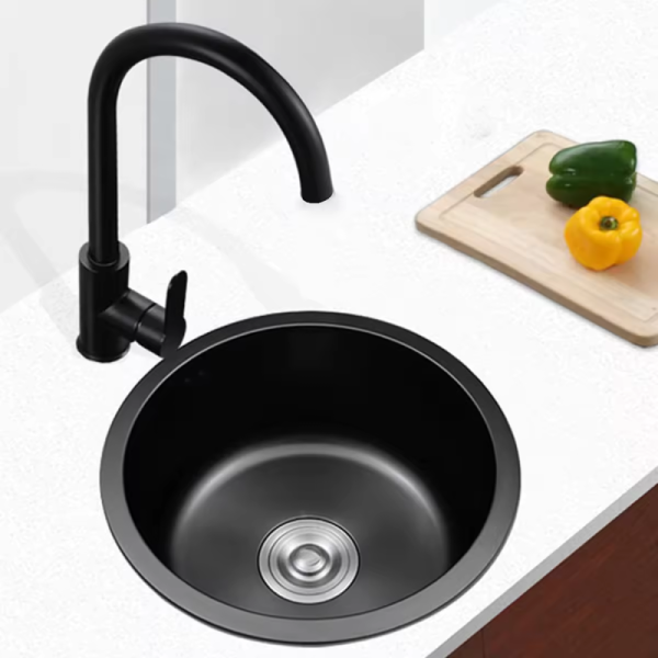 Small Round Kitchen Sink with Single Bowl and Mixer Tap Hole in 304 Stainless Steel