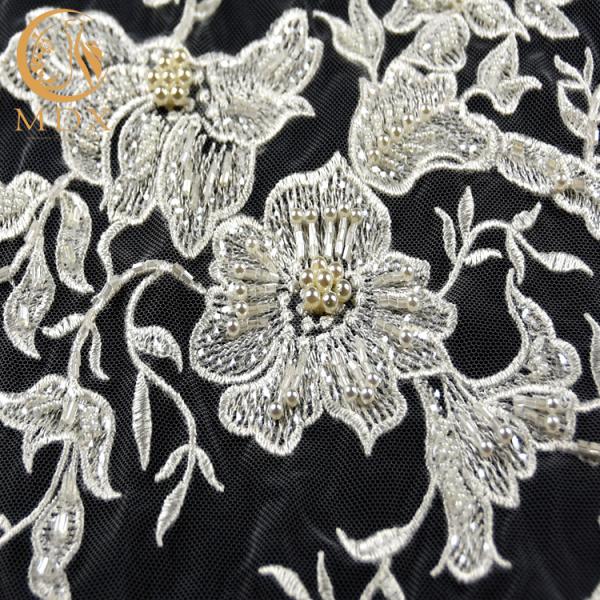Unique White Embroidered Lace Fabric Pearls Decoration 135cm 140cm Width