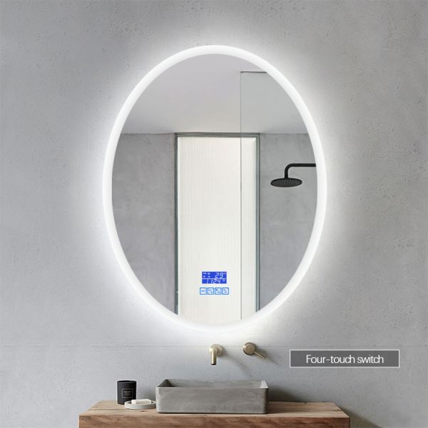 Round Polished Edge Bathroom Mirrors With LED Light Smart Touch Sensor