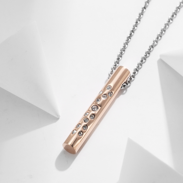 Stainless Steel Link Chain Bar Shape Necklace with Diamond Christian Pendant Rose Gold Plated