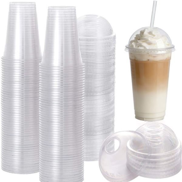 Disposable Custom Logo Printed Cold Coffee PET Plastic Cup Cups with Dome Lids