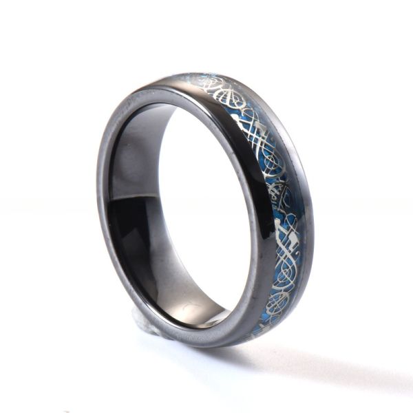 Dome Black Ceramic Wedding Band 6mm Blue Carbon Fiber And Dragon Inlayed Polished