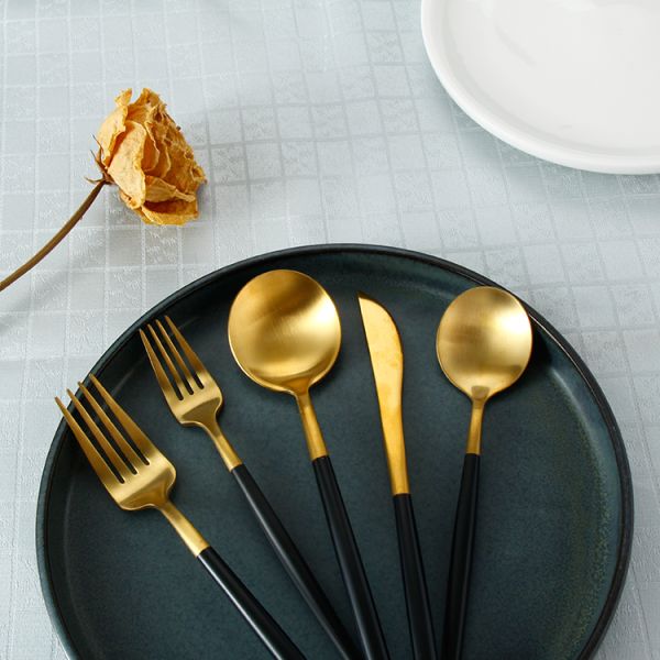 Kitchen Matte Gold Silverware Set With Black Handle