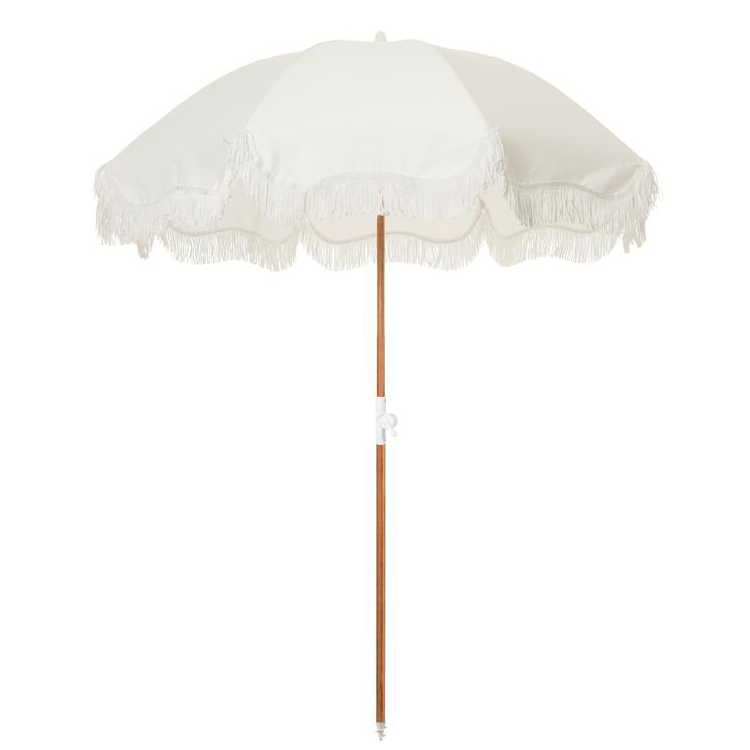 Portable 8 Feet Vintage Boho Sun Umbrella with Yellow Fringe and Wooden Pole