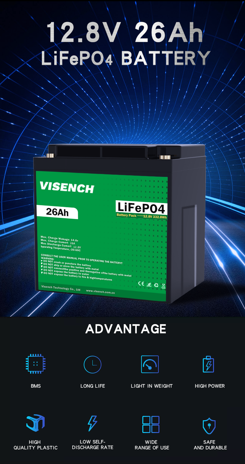 Visench Best Seller США Германия Великобритания Канада 12,8 v 26Ah глубокий цикл 12 вольт литий-ионные батареи 12V 26ah LiFePO4 батарея