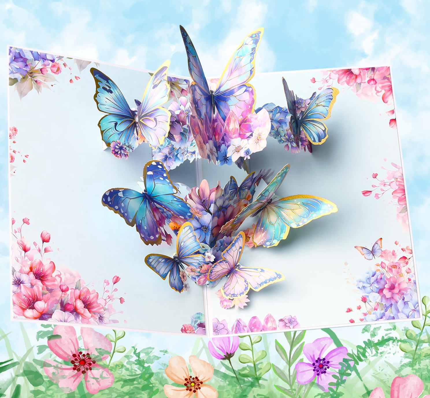 3D Butterfly Pop Up Greeting Cards With Floral Wreath Design