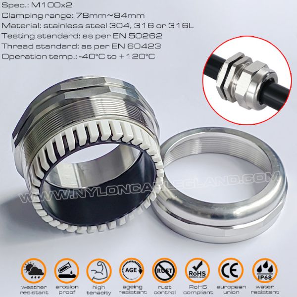 Type 316L, 316, 304 Stainless Steel IP68 Cable Gland M100x2.0 Metric Thread (EN 60423) for 78mm~84mm Cables