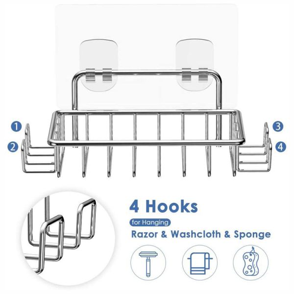 No Drilling Stainless Steel Adhesive Soap Dish Soap Holder for Shower Wall with 4 Hooks