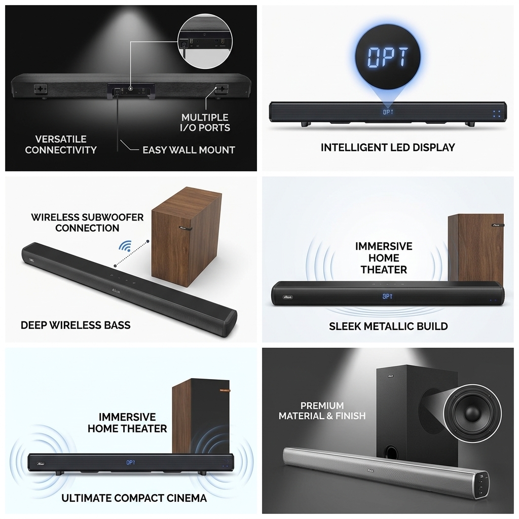 Wireless Soundbar Speaker ASW120-2.1U 100W 2.1CH Subwoofer Theater Surround Sound