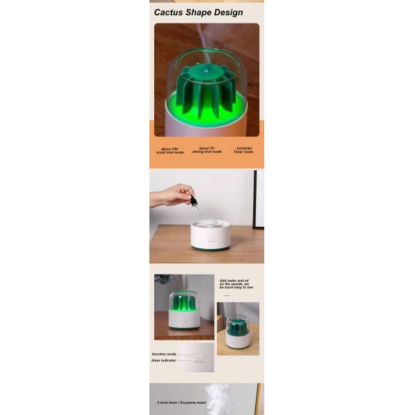LED Night Light Aroma Oil Diffuser 200ml Cactus Essential Oil 2 Mist Spray