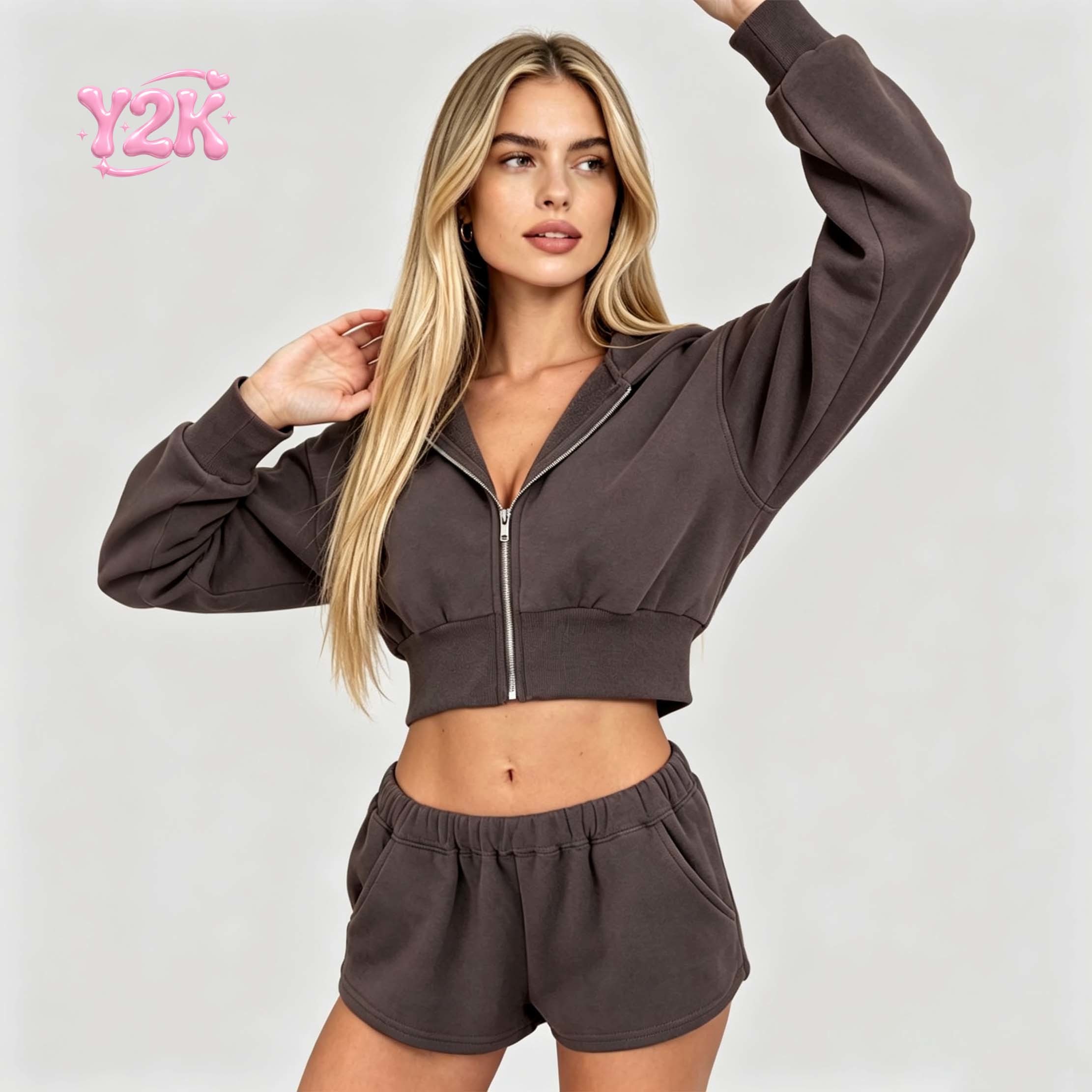 Custom Brown Cropped Zip Up Hoodie & High Waist Shorts Set