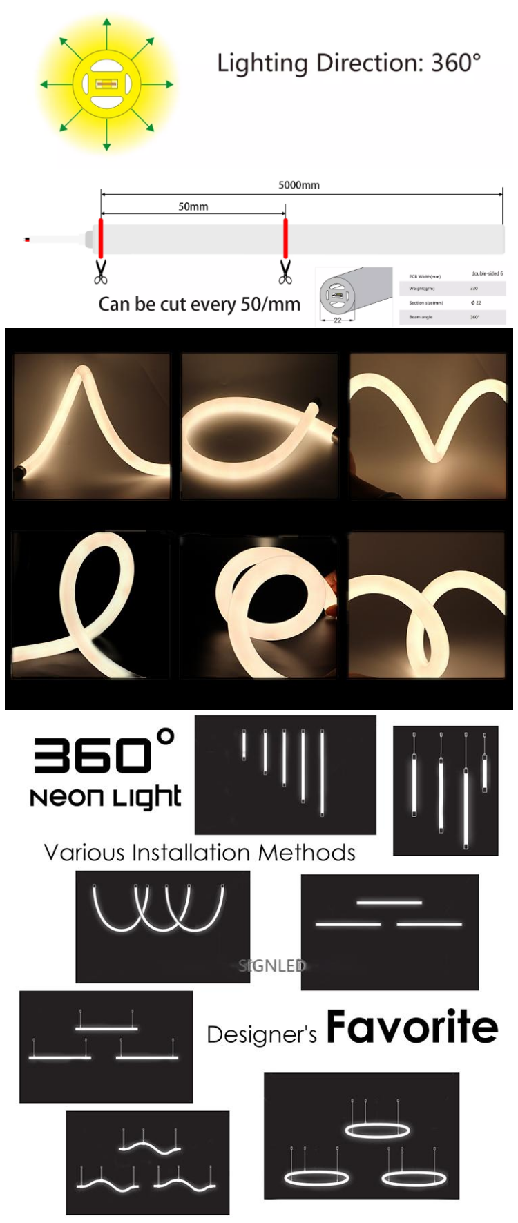 RGB Color Flexible Led Neon Strip 360 Degree View Angle Weather Resistant 12V 24V
