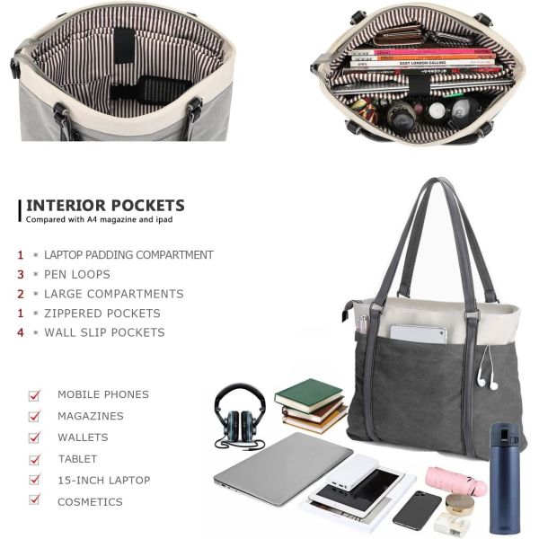 WOMEN LAPTOP TOTE BAG FOR WORK LIGHTWEIGHT SPLICE CANVAS 15.6 INCH HANDBAG PURSE