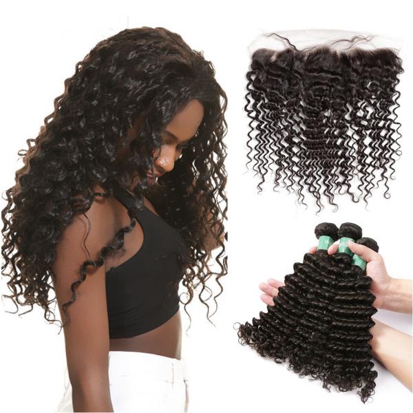 Smooth Deep Wave Bundles With Lace Frontal 8A Virgin Brazilian Hair / Soft Black Human Hair