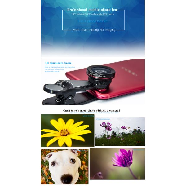 3 In 1 DSLR Camera Lens , Cell Phone Lens Macro Photo Camera Kit With Clip
