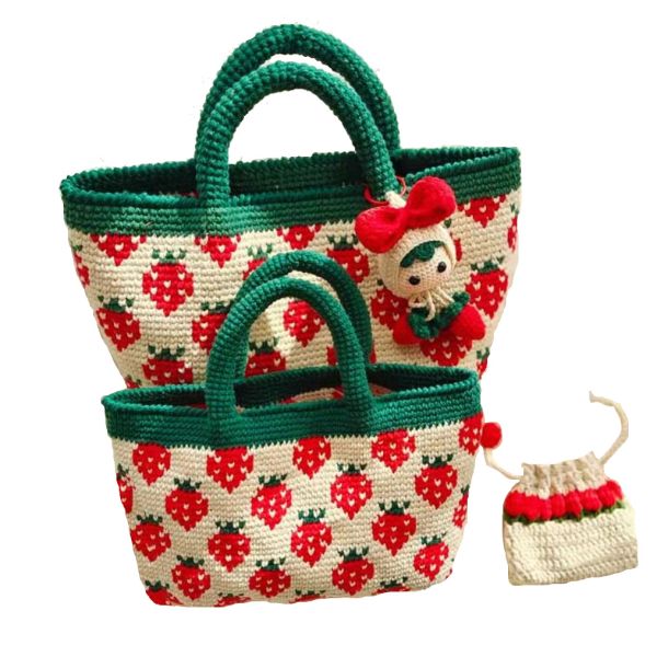 White Woven Cotton Bag , Strawberry Womens Crochet Handbags 32cm×25cm