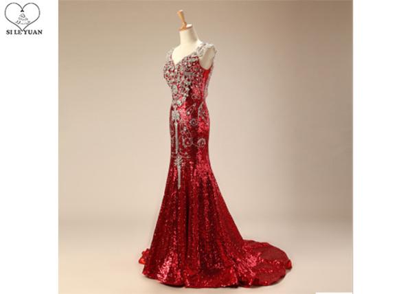 Ladies Long Tail Gown Sleeveless Shiny Sequin Fabric Lace Beaded Red Carpet Wear