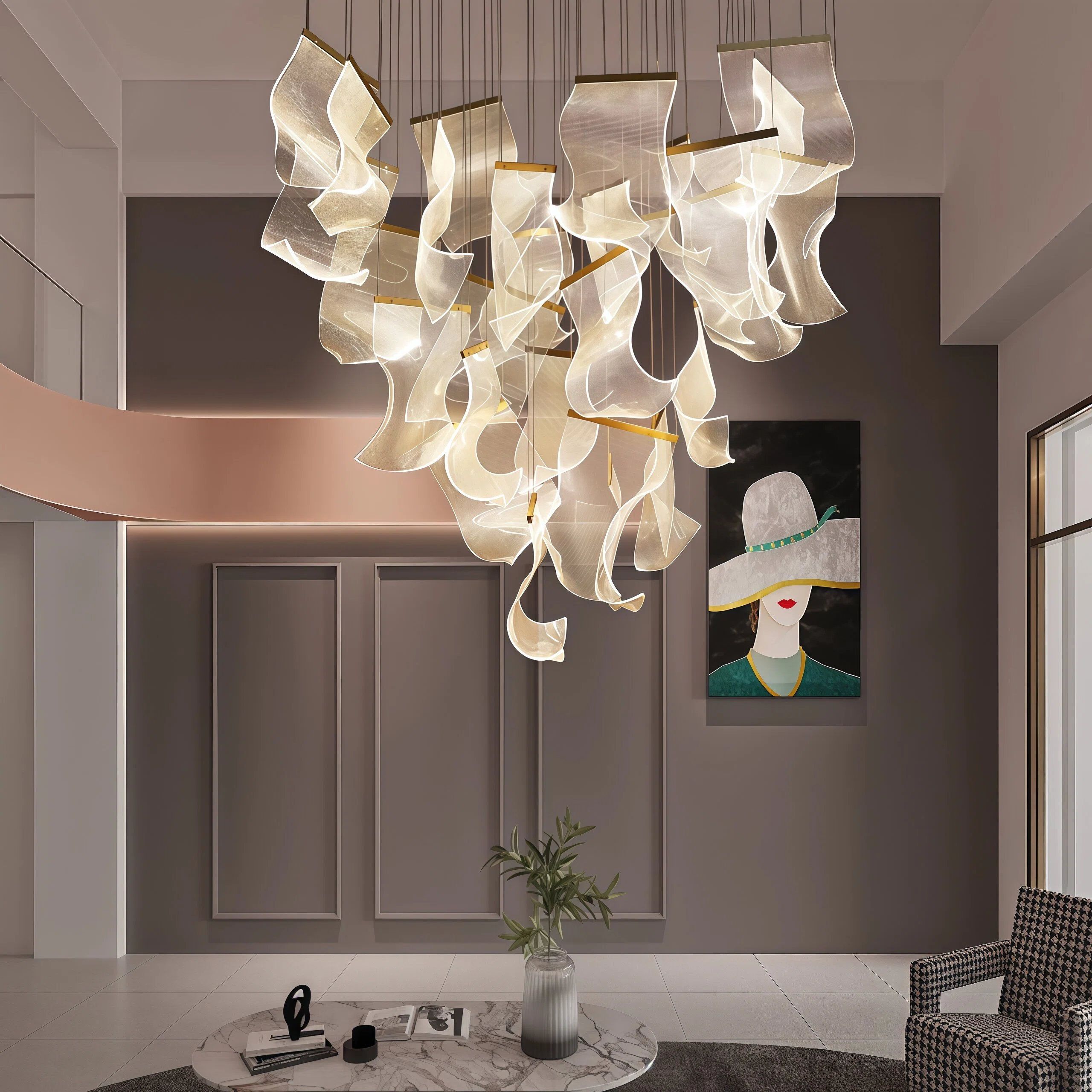 JYLIGHTING Artistic Curved Ribbon Acrylic Chandelier, Custom Decorative Hanging Lamp for Villa Foyer and Commercial Interior Space