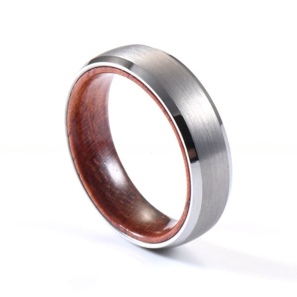 Tungsten Ring Men's Women's 6mm Silver or Black Plated Wedding Engagement Band Rose Wood Inside Beveled Edges Comfort Fit