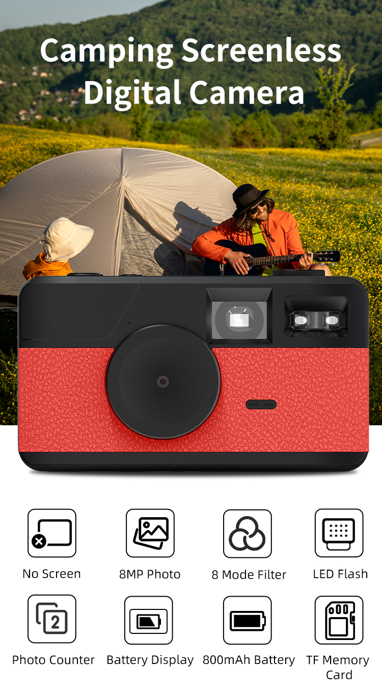 Retro Screenless Digital Camera Screen-free 8 Mode Filters Without Screen 8MP Photo with Photo Counter LED Flash Camping Camera